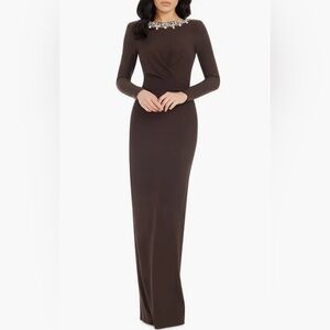 NWOT $398 Dress the Population Anne Embellished Long Sleeve Column Gown M